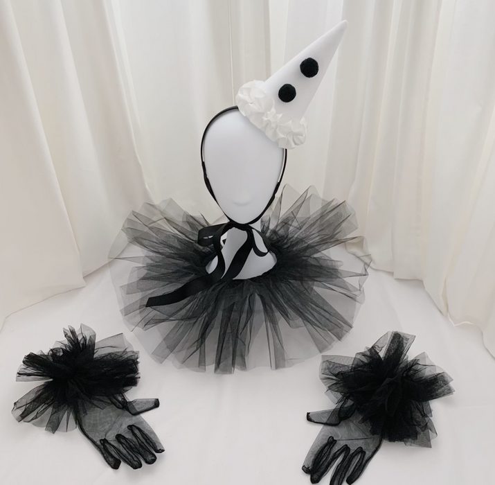 Handmade Pierrot Clown Costume - Clown Hat, Collar + Gloves